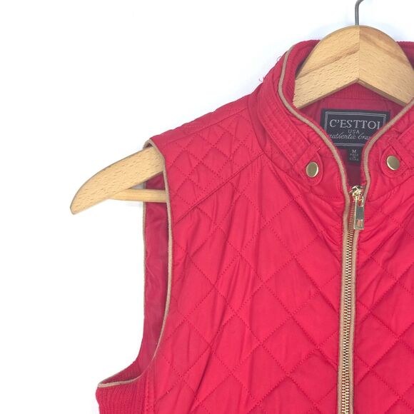 C’ESTTOI Quilted Puffer Vest Women's Medium Red Diamond Stitch Zip Riding Style - Picture 2 of 16